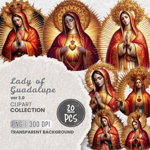 20 Lady of Guadalupe Clipart PNG, Clip art della Vergine Maria, Nuestra Señora de Guadalupe, PNG cristiano, Sublimazione dell'arte cattolica, Rosso e oro