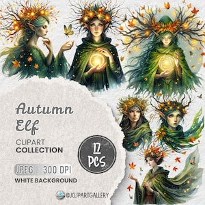 Woodland Elf Clipart JPEG Bundle, Mystical Forest Elf Art, Enchanted Nature Character, Green Elf Clipart Fantasy Elf, Ethereal Forest Spirit