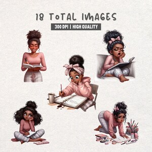 Peut inclure: Illustration num&eacute;rique pr&eacute;sentant cinq images d'une personne v&ecirc;tue de rose et d'un pantalon &agrave; carreaux, &eacute;crivant dans un cahier. Le texte "18 TOTAL IMAGES" et "300 DPI | HIGH QUALITY" est en haut. La personne est repr&eacute;sent&eacute;e dans diverses poses.