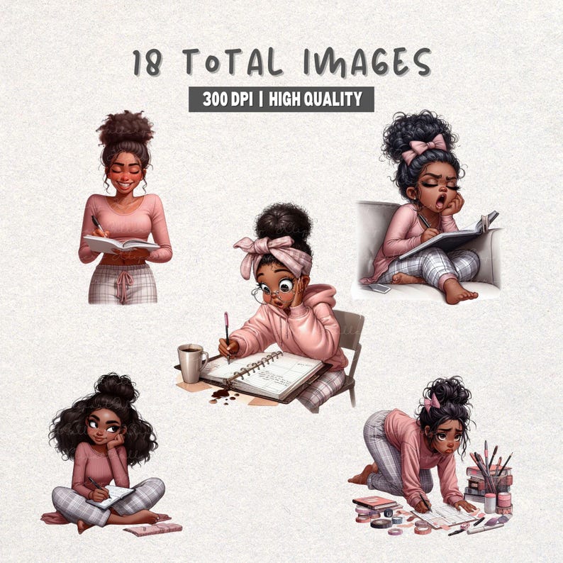 Peut inclure: Illustration num&eacute;rique pr&eacute;sentant cinq images d'une personne v&ecirc;tue de rose et d'un pantalon &agrave; carreaux, &eacute;crivant dans un cahier. Le texte "18 TOTAL IMAGES" et "300 DPI | HIGH QUALITY" est en haut. La personne est repr&eacute;sent&eacute;e dans diverses poses.
