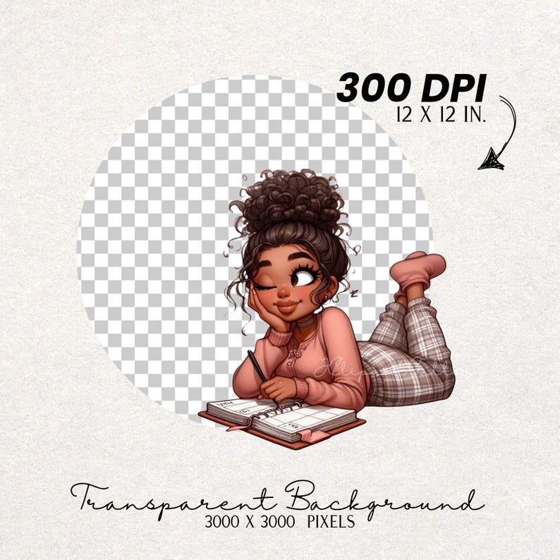 Peut inclure: Illustration d'une personne aux cheveux fonc&eacute;s en chignon, v&ecirc;tue d'un haut rose et d'un pantalon &agrave; carreaux, allong&eacute;e et &eacute;crivant dans un carnet. L'image comprend le texte "300 DPI 30,48 X 30,48 CM." et "Transparent Background 3000 X 3000 PIXELS."