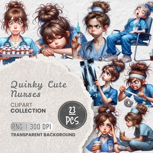 Può includere: Una collezione di clipart digitale di 23 infermiere originali e carine. Le infermiere sono illustrate in varie pose, indossando camici blu e accessori medici. Le immagini sono in formato PNG con sfondo trasparente.