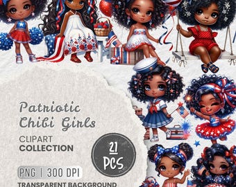 4th of July Black Girl Chibi Clipart Bundle, Patriotic Afro-American Girl PNG for Sublimation & Craft Projects, Independence Day Digital Art