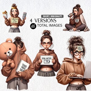 Introvert tjej Clipart, social batteri låg tjej, självvårdande lat dag tecknad film, antisocialt humör, roliga digitala klistermärken, lat dag tjej, hantverk bild 2