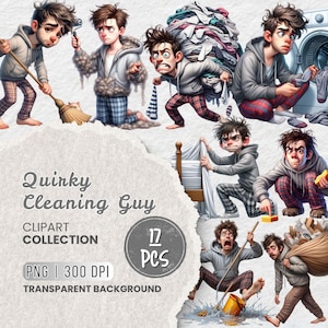 Könnte beinhalten: Ein Set mit 12 digitalen Illustrationen eines skurrilen Putzmannes in verschiedenen Posen. Die Illustrationen sind im PNG-Format mit transparentem Hintergrund und 300 DPI. Die Illustrationen zeigen einen Mann in verschiedenen Putzsituationen, wie z. B. Kehren, Wischen, Staubwischen und Wäschetragen.