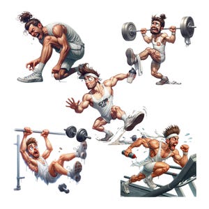 Puede incluir: Cuatro ilustraciones de dibujos animados de personas haciendo ejercicio en el gimnasio. Una persona est&aacute; levantando pesas, otra est&aacute; corriendo en una cinta de correr, otra est&aacute; haciendo dominadas y la &uacute;ltima persona est&aacute; levantando pesas mientras corre.