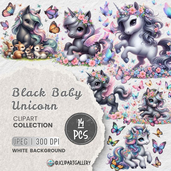 Black Baby Unicorn JPEG Clipart Bundle, Cute Butterfly Unicorn Sublimation for Craft Projects, Sublimation Designs, Fantasy Unicorn