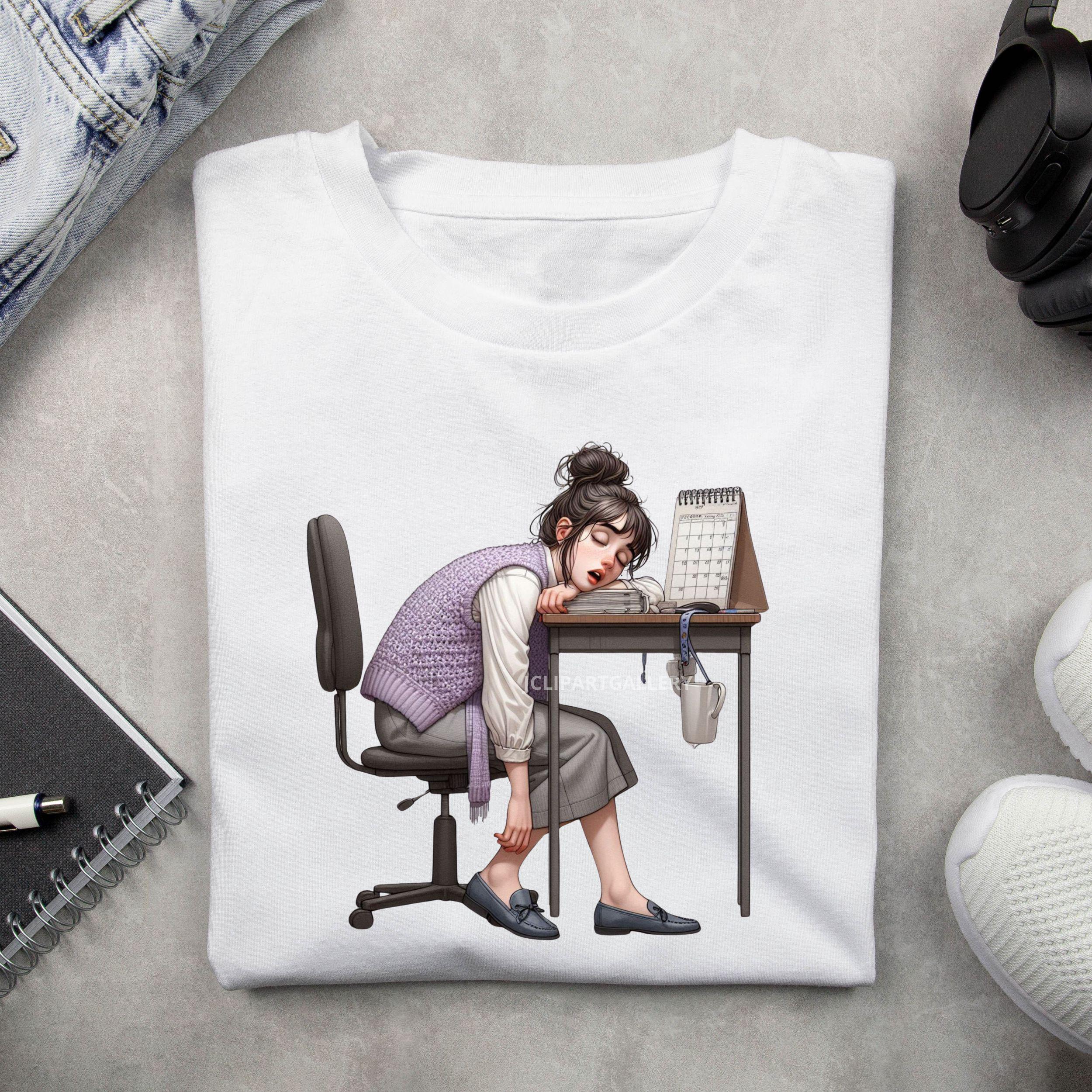 Sleepy Office Girl Clipart, Falling Asleep at Desk PNG Set, Tired ...