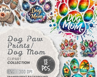 Dog Mom Paw Print Clipart PNG Bundle, Boho Floral Galaxy Designs (Digital Download)