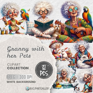 May include: A digital clipart collection of 21 images featuring illustrations of grandmothers with their pets. The images are in a cartoon style and feature a variety of animals, including cats, dogs, birds, and rabbits. The images are perfect for use in scrapbooking, card making, and other craft projects.