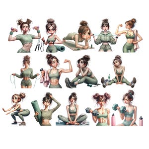 May include: A set of 12 digital illustrations featuring women in various poses, wearing green athletic wear and engaging in fitness activities. The illustrations include women lifting weights, using jump ropes, doing yoga, and stretching.