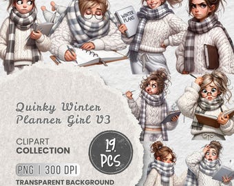 Quirky Winter Planner Girl Clipart, Funny Journaling Girl, Quirky Reading Woman, Cozy Planning PNG, Crafts, Projects, Sublimation Designs