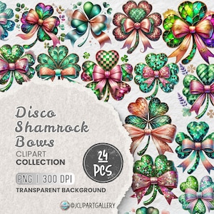 Op de afbeelding: Een set van 24 digitale clipart-afbeeldingen van klaverblad-bogen met een discothema. De klaverbladeren zijn groen met glitter en de bogen zijn roze, goud en iriserend. De afbeeldingen hebben een transparante achtergrond.
