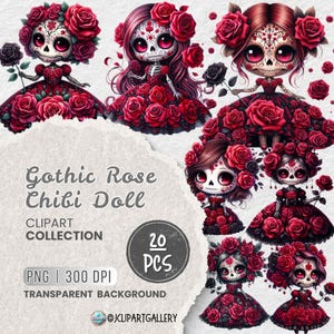 Gothic Floral Chibi PNG Clipart Bundle, Day of the Dead Skeleton Doll Art, Skull Girl with Roses, Dia de los Muertos Figurine, Spooky Season