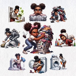 May include: A series of illustrations depicting a young woman with curly black hair in various scenes of household chores. The scenes include laundry, cleaning, and dishwashing. The woman is shown with a frustrated expression in each scene.
