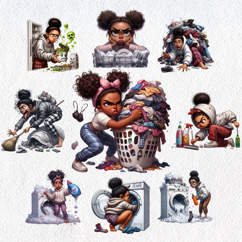 May include: A series of illustrations depicting a young woman with curly black hair in various scenes of household chores. The scenes include laundry, cleaning, and dishwashing. The woman is shown with a frustrated expression in each scene.