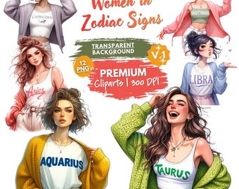 Women Zodiac Signs Clipart PNG Bundle, Astrology Girl Characters, Horoscope Woman Digital Art, Zodiac Sign Ladies, Celestial Feminine
