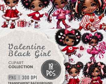 Valentine's Day Black Girl Clipart Bundle PNG, Cute Afro Girls with Hearts and Balloons, Digital Sublimation for Crafts, Cards, DIY Projects