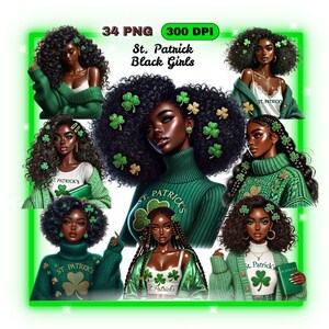 聖パトリックの日の黒人少女のクリップアート、かわいい水彩画のアフリカ系アメリカ人の PNG、幸運のシャムロック、金鉱掘りのレプラコーン、聖パトリックの日の工芸品