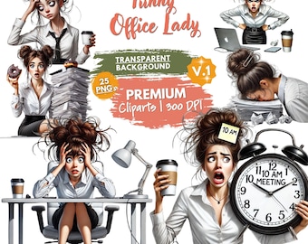 Office Lady Watercolor Clipart Bundle, Business Girl, Lady Boss Clipart Illustration, Transparent PNG, Digital Download, Card Making Woman
