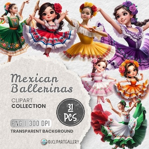 Mexican Ballerina Dancers Clipart Bundle PNG, Mexican Dress Kids Clipart for Sublimation, Ballet, Mexican Festival, Cinco de Mayo Decoration