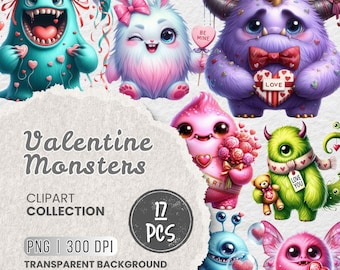 May include: A set of 17 Valentine's Day themed clip art images featuring cute monsters in various poses. The monsters are pink, blue, green, and purple with hearts, flowers, and other Valentine's Day imagery.