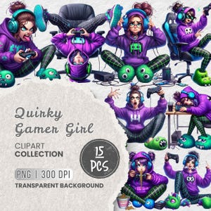 風変わりなゲーマーガールのクリップアートバンドル、かわいいゲームガールのポーズ、ビデオゲームをプレイする女の子のクリップアート、ストリーミングガール、ステッカー、ジャーナル、昇華