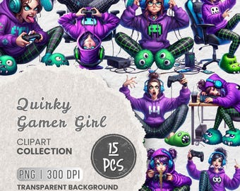 May include: A digital clipart collection titled Quirky Gamer Girl featuring 15 PNG images of a character in a purple hoodie, green grid leggings, and fuzzy green slippers, wearing headphones and playing video games in various poses and settings.