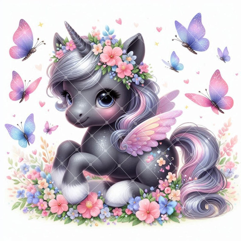 May include: A whimsical illustration of a gray unicorn with a silver mane, a floral crown, and pink and purple wings. Butterflies in shades of pink, blue, and purple flutter around the unicorn, which is nestled in a bed of flowers.