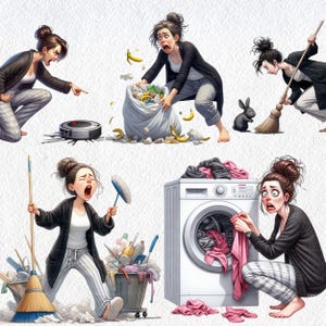 Puede incluir: Una ilustraci&oacute;n de cuatro mujeres en un hogar ca&oacute;tico. Una mujer est&aacute; barriendo, otra est&aacute; tirando la basura, otra est&aacute; limpiando un desorden y la &uacute;ltima mujer est&aacute; mirando una lavadora con una expresi&oacute;n de shock.