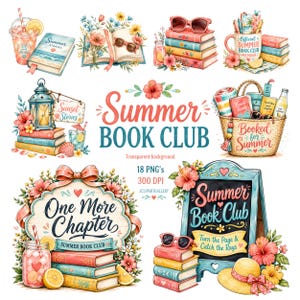 Summer Book Club Watercolor Clipart Bundle, Beach Reads Png, Book Lover Art, 18 Transparent PNGs