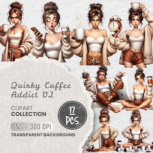Może przedstawiać: Kolekcja cyfrowych clipartów zatytułowana "Quirky Coffee Addict V2". Kolekcja zawiera ilustracje kobiety z filiżankami kawy, telefonem i laptopem. Obrazy są w formacie PNG z przezroczystym tłem i 300 DPI.