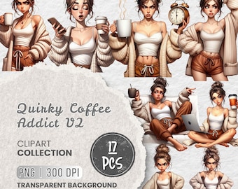 Quirky Coffee Addict Clipart, PNG Illustrations (Digital Download)