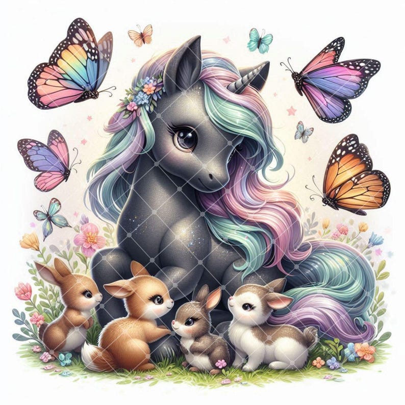 May include: A whimsical illustration features a gray unicorn with a flowing mane of pastel colors, adorned with a floral crown. Colorful butterflies flutter around the unicorn, and four adorable baby deer and rabbits are nestled in a bed of flowers. The overall theme is fantasy and nature.