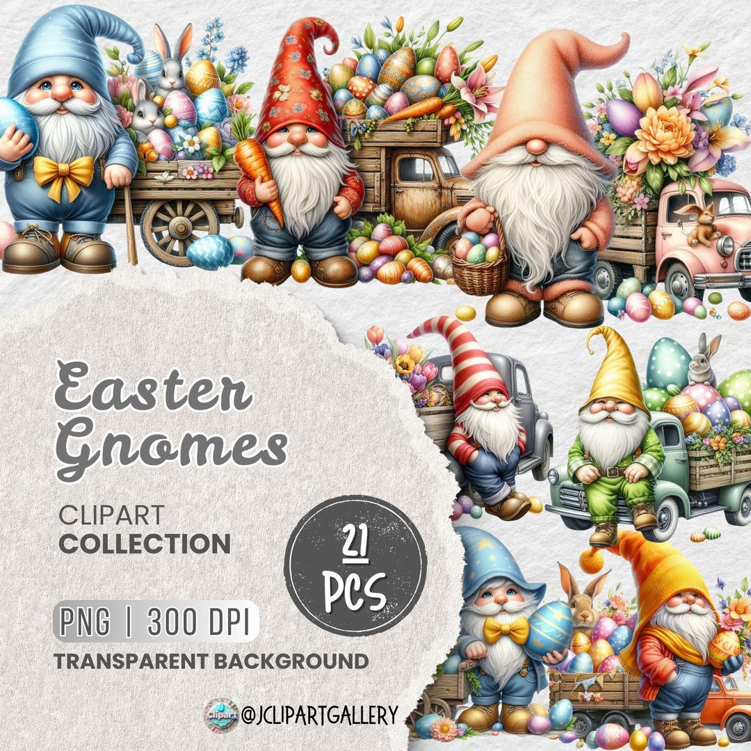 Easter Gnome Png Clipart Bundle, Watercolor Gnomes With Trucks & Easter ...