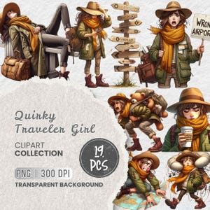Traveler Girl Clipart Bundle, Quirky Travel Girl, Funny Travel Planner, Backpacker Girl, Adventure Woman Sublimation, Journals, Scrapbooking