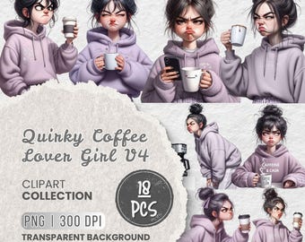 Quirky Coffee Lover Girl Clipart, Morning Girl Clipart, Caffeine Addict Girl, Cute Cozy Coffee Girl Illustrations, Scrapbook, Sublimation