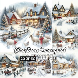 Watercolor Winter Countryside View, Christmas Winter Farmyard, Christmas Cart Barn Village, Commercial Use Instant Download Paper Crafts