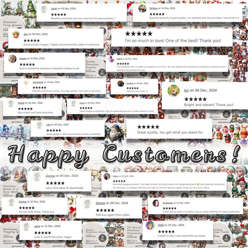 Puede incluir: Un collage de comentarios positivos de clientes para im&aacute;genes digitales de clipart. Las rese&ntilde;as se muestran en cuadros coloridos con estrellas y el texto "Happy Customers!" Las im&aacute;genes de clipart son de art&iacute;culos con tem&aacute;tica navide&ntilde;a, como bolas de nieve, adornos y camiones.
