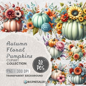 Pumpkins and Flowers Watercolor Autumn Clipart, Floral Autumn Pumpkins, Autumn Bouquets, Fall Pumpkin Clipart Bundle, Pumpkin Wreaths Fall