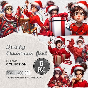 Quirky Christmas Girl Clipart, Funny Holiday Girls with Lights, Gifts & Santa Hats, Quirky Girl, Crafts, Projects, Sublimation, Stickers