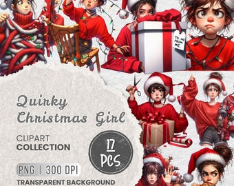 May include: A digital clipart collection titled "Quirky Christmas Girl" featuring illustrations of a girl in a Santa hat and red clothing. The collection includes 17 PNG images with a transparent background, perfect for holiday-themed projects.