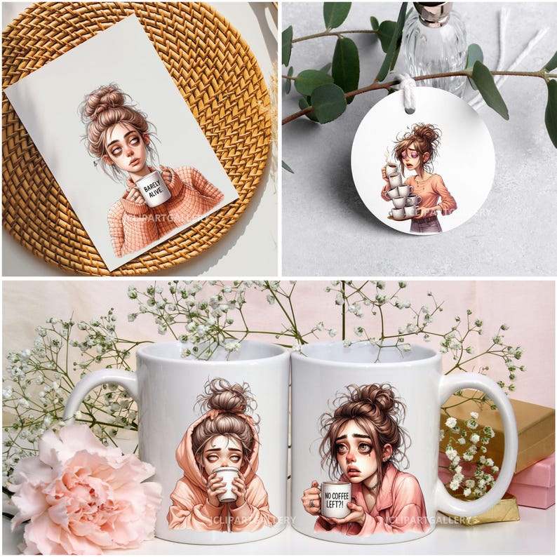 May include: Two white ceramic mugs with illustrations of a woman with brown hair in a bun, wearing a pink sweater and holding a coffee mug. One mug says "Barely Alive" and the other says "No Coffee Left!"