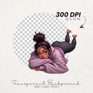 May include: Illustration of a woman in a relaxed pose, wearing a lavender hoodie and dark leggings. The image is set against a transparent background, with text indicating 300 DPI and dimensions of 12 x 12 inches.