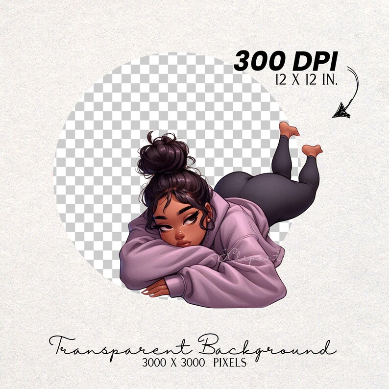 May include: Illustration of a woman in a relaxed pose, wearing a lavender hoodie and dark leggings. The image is set against a transparent background, with text indicating 300 DPI and dimensions of 12 x 12 inches.