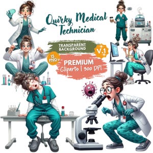 May include: A collection of digital illustrations featuring a medical technician in teal scrubs and a white lab coat, performing various tasks like using a microscope, eating, and sleeping. Text includes Quirky Medical Technician, Transparent Background, 15 PNGs, Premium Cliparts, and 300 DPI.