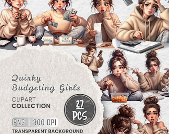 Quirky Budgeting Girls Clipart, 27 PNG, Funny Money-Saving Stickers, Funny Planner Girls, Finance Planner Graphics, Sublimation designs