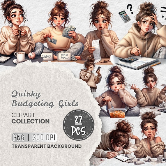 Quirky Budgeting Girls Clipart, 27 PNG, Funny Money-Saving Stickers, Funny Planner Girls, Finance Planner Graphics, Sublimation designs