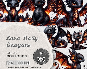 Baby Lava Dragon PNG Clipart Bundle, Cute Black Fire Dragon PNG, Kawaii Fantasy Dragon Digital Art, Magical Dragon Illustration for Stickers