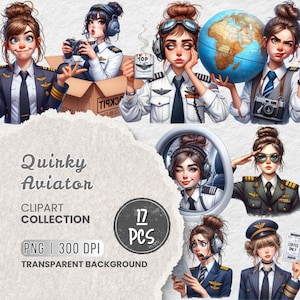 Quirky Aviator Girl Graphics, Pilot Clipart Bundle PNG, Flight Attendant Cartoon PNGs, Travel Clipart for Projects, Sublimation & Stickers